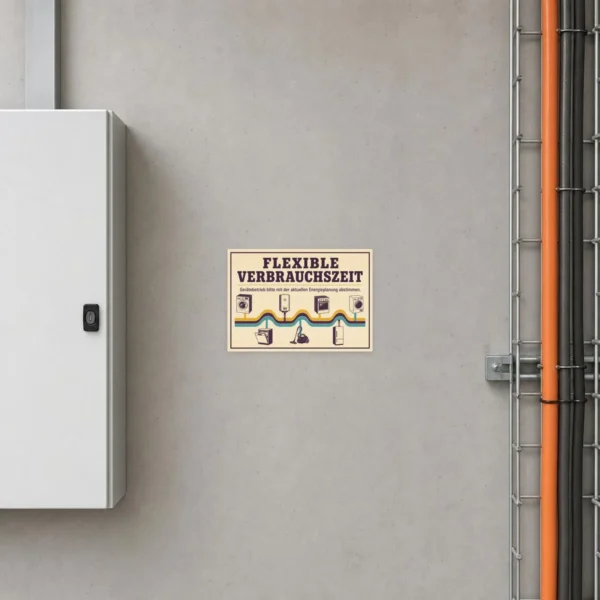 KI-generiertes Anwendungsbeispiel: Flexible Verbrauchszeit Aufkleber an Wand für Gerätebetrieb und Energieplanung.