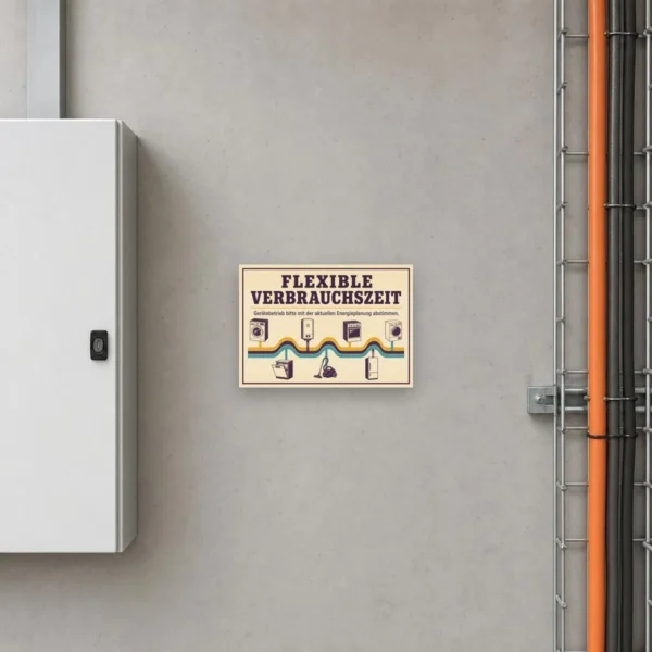 KI-generiertes Anwendungsbeispiel: Flexible Verbrauchszeit Schild im Retrodesign für Energieplanung und abgestimmten Gerätebetrieb.