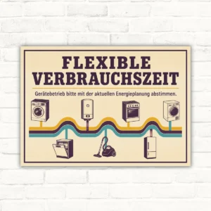 Flexible Verbrauchszeit Schild mit Geräte-Illustrationen und Text „Gerätebetrieb bitte mit der aktuellen Energieplanung abstimmen“.