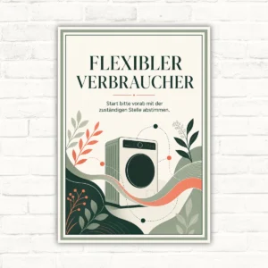Hinweisschild „Flexibler Verbraucher“ mit Text „Start bitte vorab mit der zuständigen Stelle abstimmen“ und Gerätemotiv.