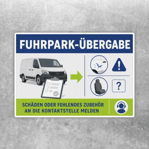 Fuhrpark-Übergabe Aufkleber im Querformat mit Fahrzeug, Schaden-Symbol, Zubehörhinweis und Kontaktstelle.