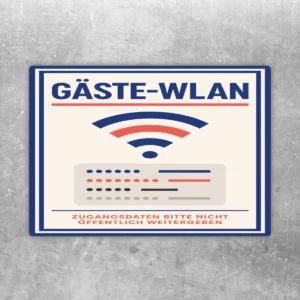 Gäste-WLAN Aufkleber mit blau-rotem WLAN-Symbol und Hinweis, Zugangsdaten nicht öffentlich weiterzugeben.