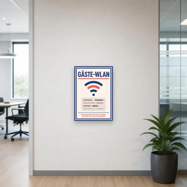 KI-generiertes Anwendungsbeispiel: Gäste-WLAN Schild mit Hinweis zur Nichtweitergabe der Zugangsdaten an einer hellen Wand.
