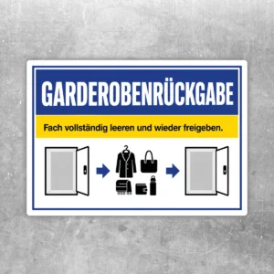 Garderobenrückgabe Aufkleber im Querformat mit Hinweis Fach vollständig leeren und wieder freigeben.