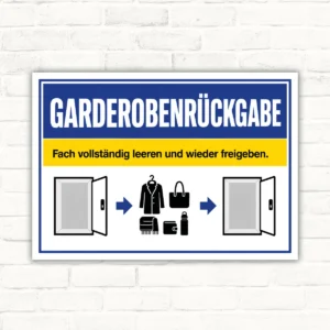 Garderobenrückgabe Schild mit Text „Fach vollständig leeren und wieder freigeben“ sowie Schließfach-Piktogrammen.