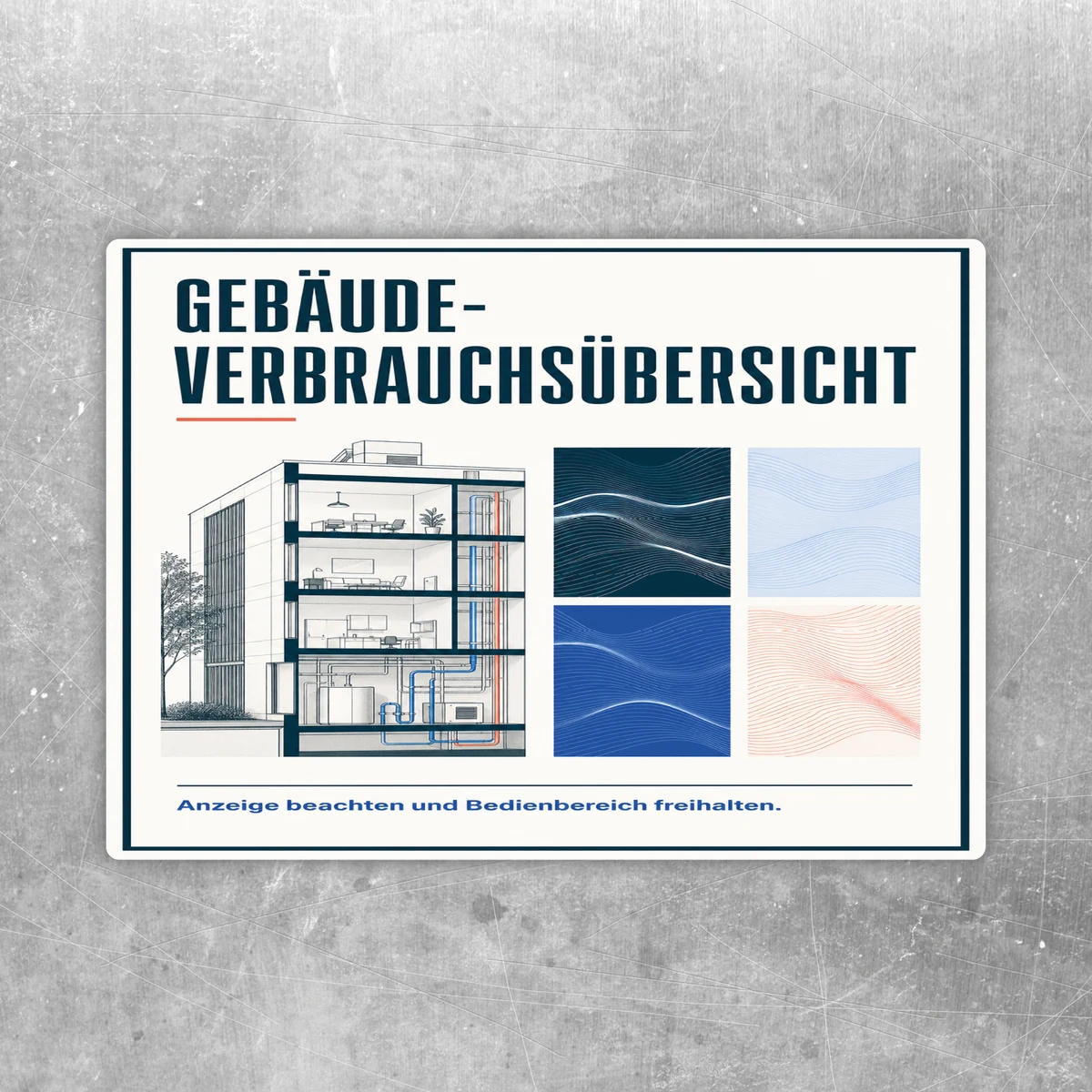 Gebäude-Verbrauchsübersicht Aufkleber mit Gebäudegrafik, blauen Messfeldern und Hinweis zum freien Bedienbereich.