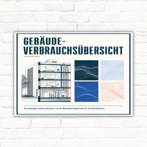 Gebäude-Verbrauchsübersicht Schild mit Text „Anzeige beachten und Bedienbereich freihalten“ im technischen Hochformat.
