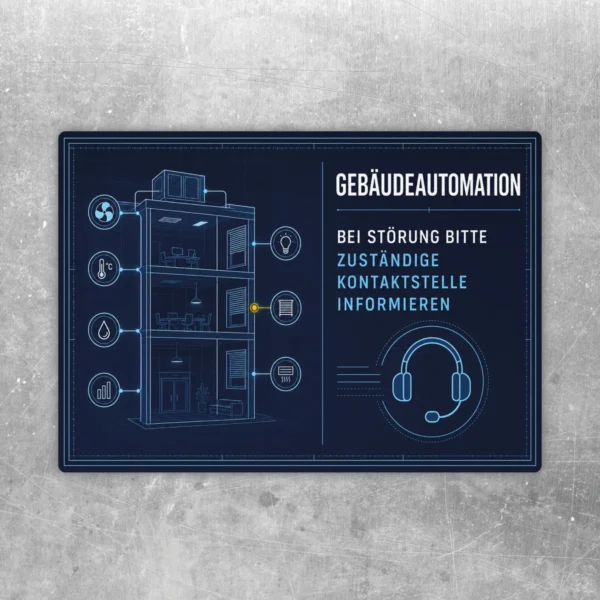 Gebäudeautomation Störung Aufkleber in Dunkelblau mit Gebäudegrafik, Headset-Symbol und Hinweis zur Kontaktstelle.