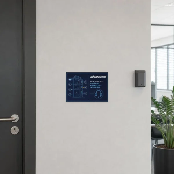 KI-generiertes Anwendungsbeispiel: Gebäudeautomation Störung Aufkleber auf grauer Wand mit blauem Technikmotiv und Kontakthinweis.