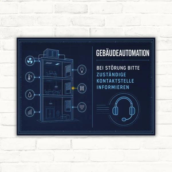 Gebäudeautomation Störung Schild mit Text „Bei Störung bitte zuständige Kontaktstelle informieren“ im Querformat.