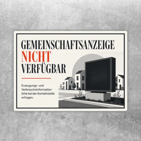 Aufkleber Gemeinschaftsanzeige nicht verfügbar mit rotem Hinweis und Illustration einer digitalen Anzeige vor Gebäuden.