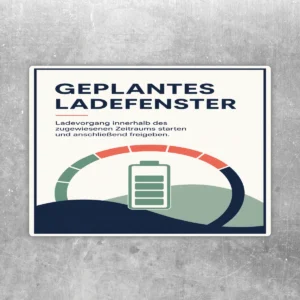Aufkleber geplantes Ladefenster mit Batteriesymbol und Hinweis zum Freigeben des Ladevorgangs in Blau, Rot und Grün.