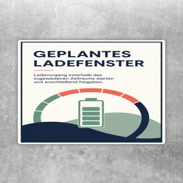 Aufkleber geplantes Ladefenster mit Batteriesymbol und Hinweis zum Freigeben des Ladevorgangs in Blau, Rot und Grün.