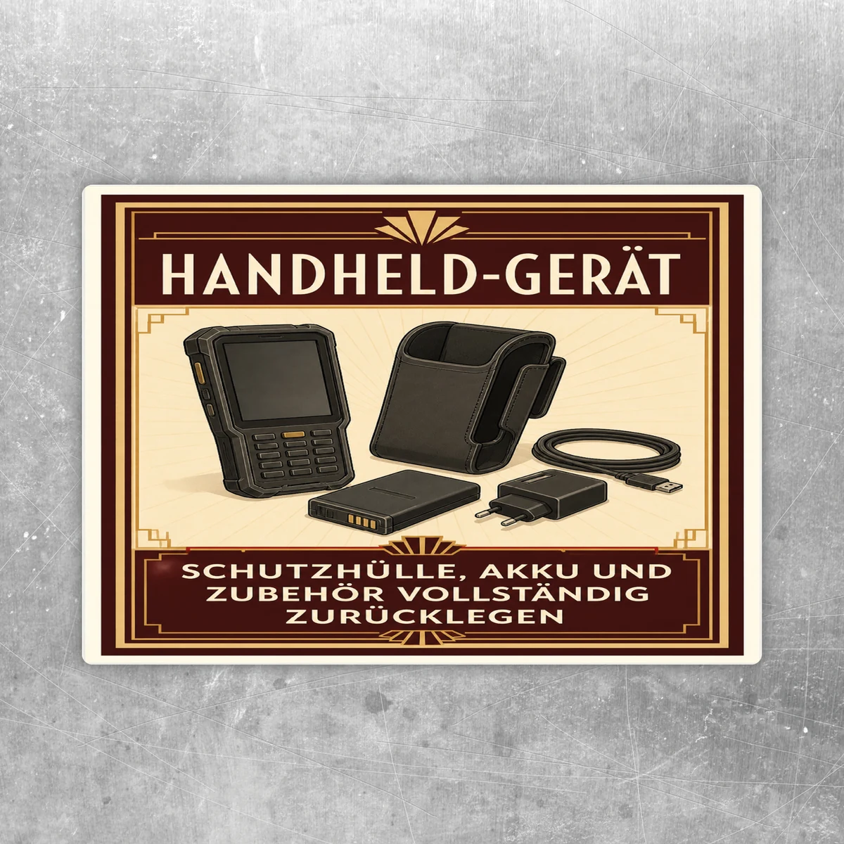 Braun-beiger Aufkleber mit Handheld-Gerät, Schutzhülle, Akku, Kabel und Hinweis zum vollständigen Zurücklegen.