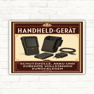 Hinweisschild mit Text „Handheld-Gerät“ und „Schutzhülle, Akku und Zubehör vollständig zurücklegen“.