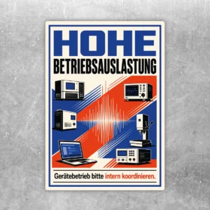 Aufkleber Hohe Betriebsauslastung mit Technikmotiv und Hinweis Gerätebetrieb bitte intern koordinieren.