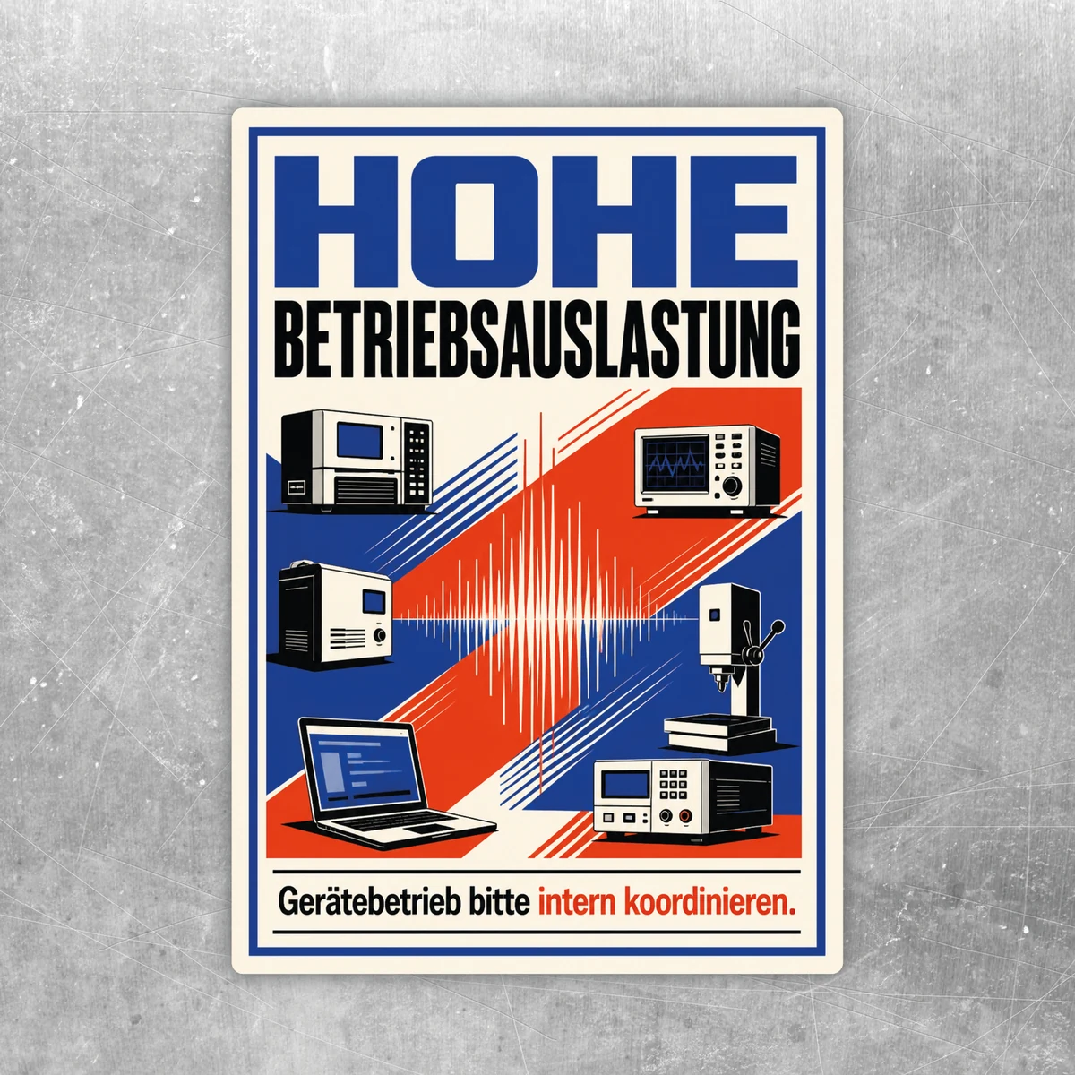 Aufkleber Hohe Betriebsauslastung mit Technikmotiv und Hinweis Gerätebetrieb bitte intern koordinieren.