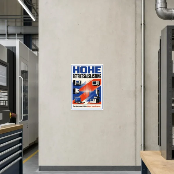 KI-generiertes Anwendungsbeispiel: Aufkleber Hohe Betriebsauslastung auf Metallfläche im Technikbereich.
