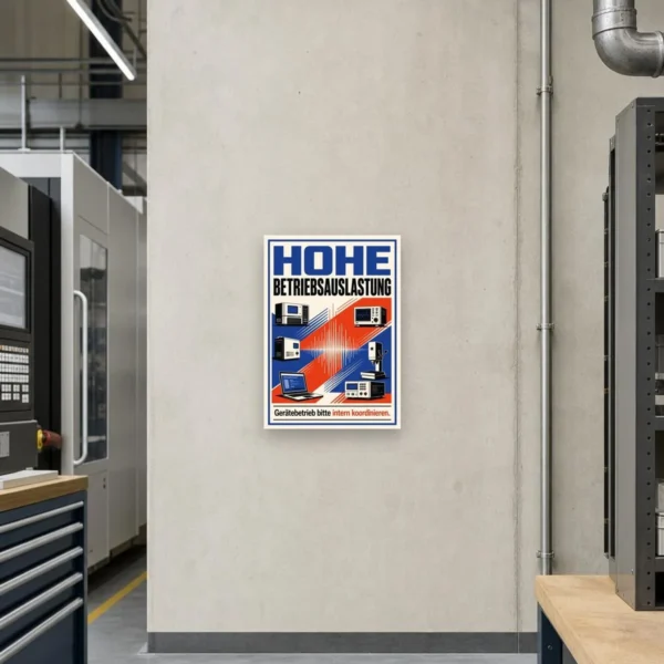 KI-generiertes Anwendungsbeispiel: Technik-Hinweisschild „Hohe Betriebsauslastung“ zur internen Koordination von Geräten.