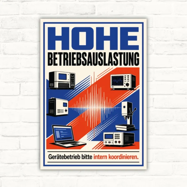 Hinweisschild mit Text „Hohe Betriebsauslastung“ und „Gerätebetrieb bitte intern koordinieren“ im Technikdesign.