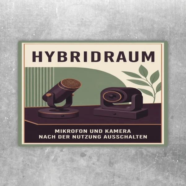 Hybridraum Aufkleber mit Mikrofon, Kamera und Hinweis zum Ausschalten nach der Nutzung in Grün und Dunkelbraun.