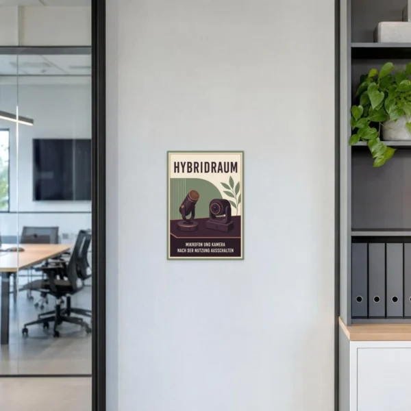KI-generiertes Anwendungsbeispiel: Hybridraum Aufkleber mit Kamera, Mikrofon und Hinweis zum Ausschalten nach Meetings.