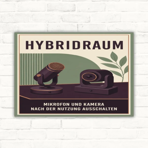 Hybridraum Schild mit Text „Mikrofon und Kamera nach der Nutzung ausschalten“, illustriert mit Mikrofon und Kamera.