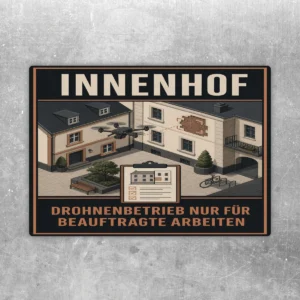 Aufkleber mit Innenhof-Illustration, Drohne und Text Drohnenbetrieb nur für beauftragte Arbeiten.