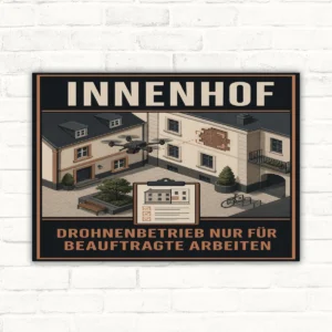 Drohnenbetrieb nur für beauftragte Arbeiten Schild Innenhof mit gut lesbarem Motiv und klarer Beschriftung als bedrucktes Schild aus Aluminium-Verbundplatte.