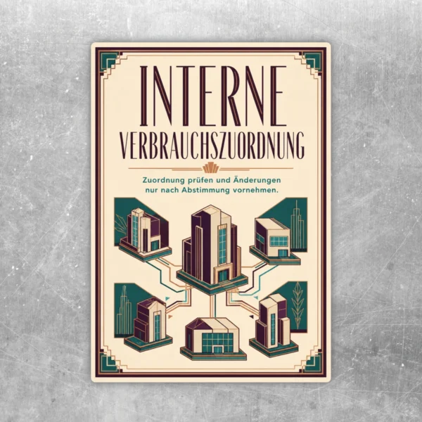 Interne Verbrauchszuordnung Aufkleber im Retro-Stil mit Gebäudegrafik und Hinweis zu Änderungen nach Abstimmung.