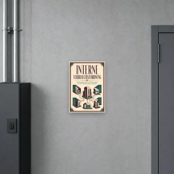 KI-generiertes Anwendungsbeispiel: Interne Verbrauchszuordnung Schild mit Abstimmungshinweis an einer hellen Wand.
