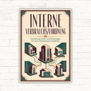 Schild mit Text „Interne Verbrauchszuordnung“ und „Änderungen nur nach Abstimmung“ im Retro-Gebäudedesign.