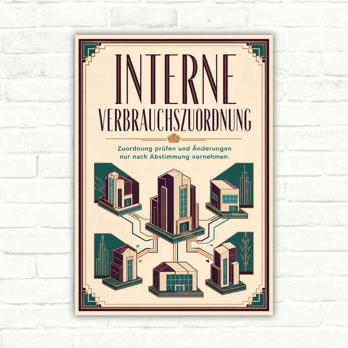 Schild mit Text „Interne Verbrauchszuordnung“ und „Änderungen nur nach Abstimmung“ im Retro-Gebäudedesign.