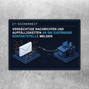 IT-Sicherheit Aufkleber im Querformat mit Briefsymbol, Arbeitsplatzgrafik und Hinweis zum Melden verdächtiger Nachrichten.