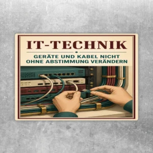 IT-Technik Aufkleber mit Hinweis, Geräte und Kabel nicht ohne Abstimmung zu verändern, vor Netzwerktechnik.