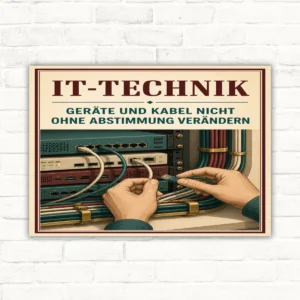 IT-Technik Schild mit Text „Geräte und Kabel nicht ohne Abstimmung verändern“ und Illustration von Netzwerkkabeln.