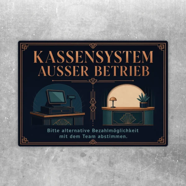 Kassensystem außer Betrieb Aufkleber im Querformat mit kupferfarbener Schrift und Hinweis zur alternativen Bezahlung.