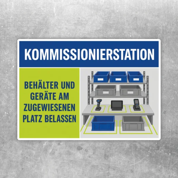 Kommissionierstation Aufkleber mit Hinweis, Behälter und Geräte am zugewiesenen Platz zu belassen.