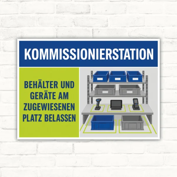 Kommissionierstation Schild mit Text „Behälter und Geräte am zugewiesenen Platz belassen“ und Lagerillustration.