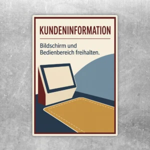 Kundeninformation Aufkleber mit Text Bildschirm und Bedienbereich freihalten im Retro-Design für Servicebereiche.