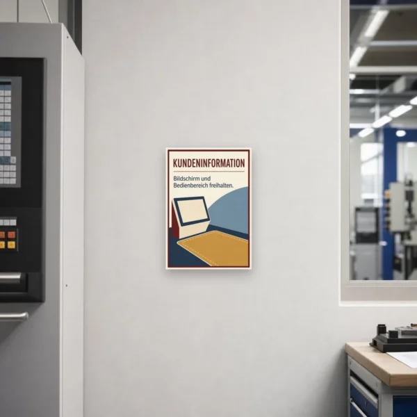 KI-generiertes Anwendungsbeispiel: Kundeninformation Schild „Bildschirm und Bedienbereich freihalten.“ an heller Wand.