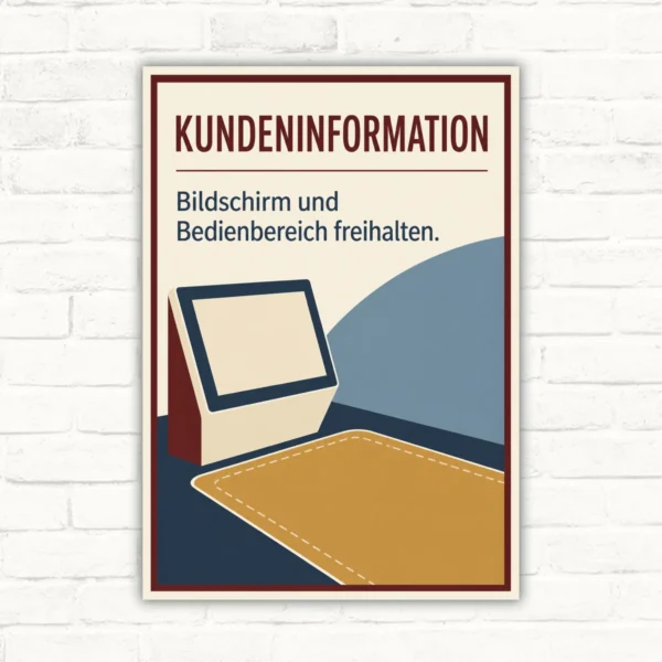 Kundeninformation Schild mit Text „Bildschirm und Bedienbereich freihalten.“ sowie Illustration eines Terminals.