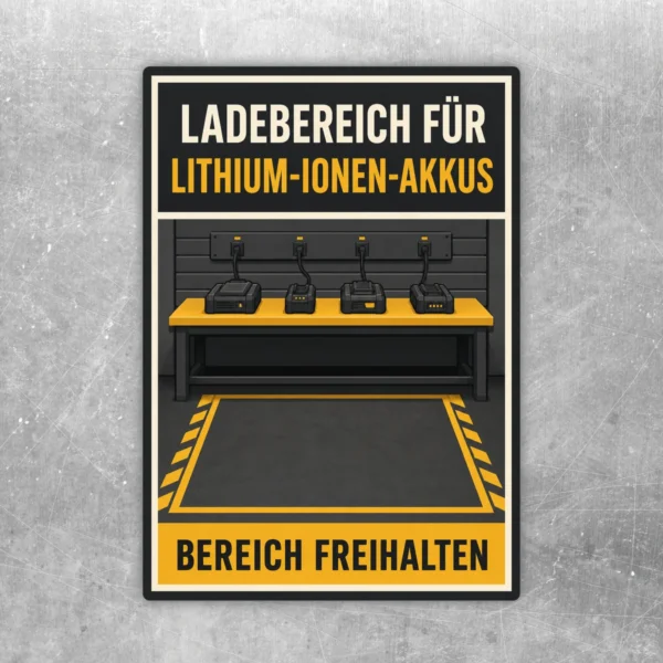 Ladebereich Lithium-Ionen-Akkus freihalten Aufkleber mit Ladebank, Akkus und gelb-schwarzer Freihaltezone.