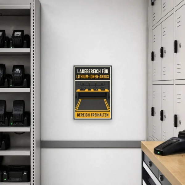 KI-generiertes Anwendungsbeispiel: Schild „Ladebereich für Lithium-Ionen-Akkus – Bereich freihalten“ an Werkstattwand.