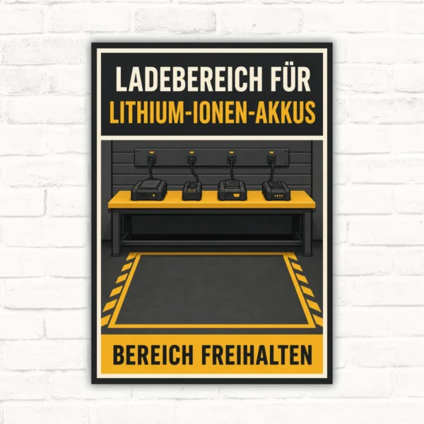 Schild mit Wortlaut „Ladebereich für Lithium-Ionen-Akkus – Bereich freihalten“ und Ladebank-Motiv in Gelb-Schwarz.