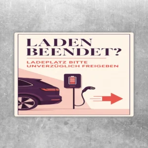 Ladeplatz freigeben Aufkleber mit E-Auto, Ladesäule, rotem Pfeil und Hinweis Laden beendet im Retro-Stil.