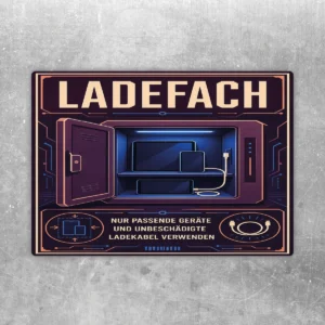 Ladefach Aufkleber mit geöffnetem Fach, Gerät und Hinweis zu passenden Geräten und unbeschädigten Ladekabeln.