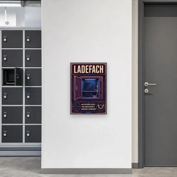 KI-generiertes Anwendungsbeispiel: Ladefach Schild an der Wand mit Hinweis zu passenden Geräten und intakten Ladekabeln.