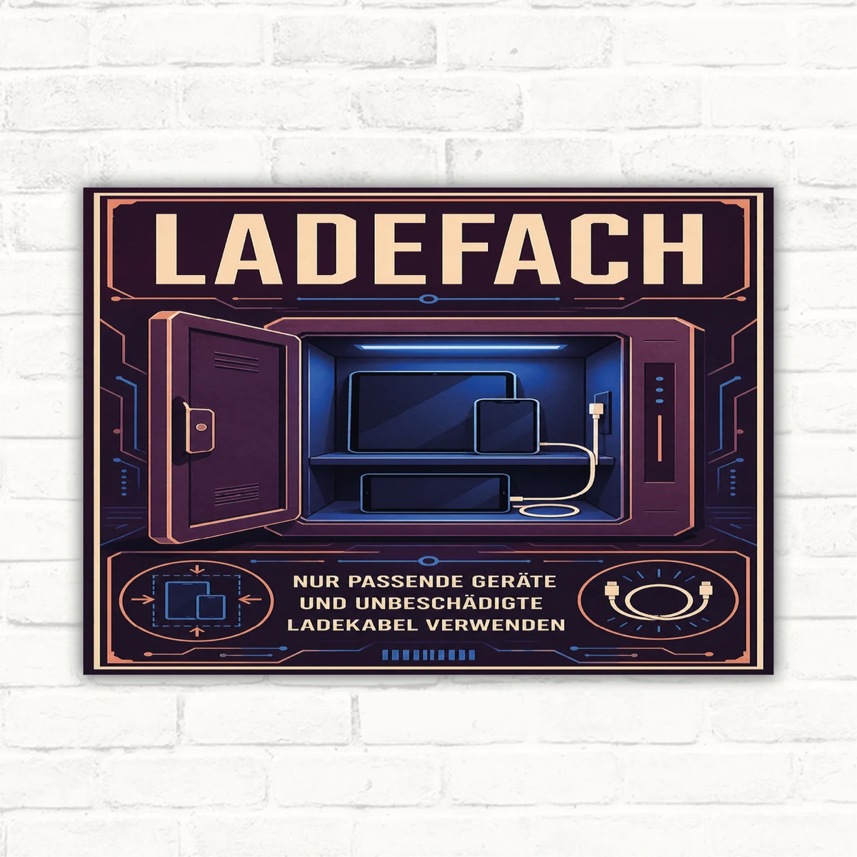 Ladefach Schild mit Text „Nur passende Geräte und unbeschädigte Ladekabel verwenden“ als Technik-Hinweis.
