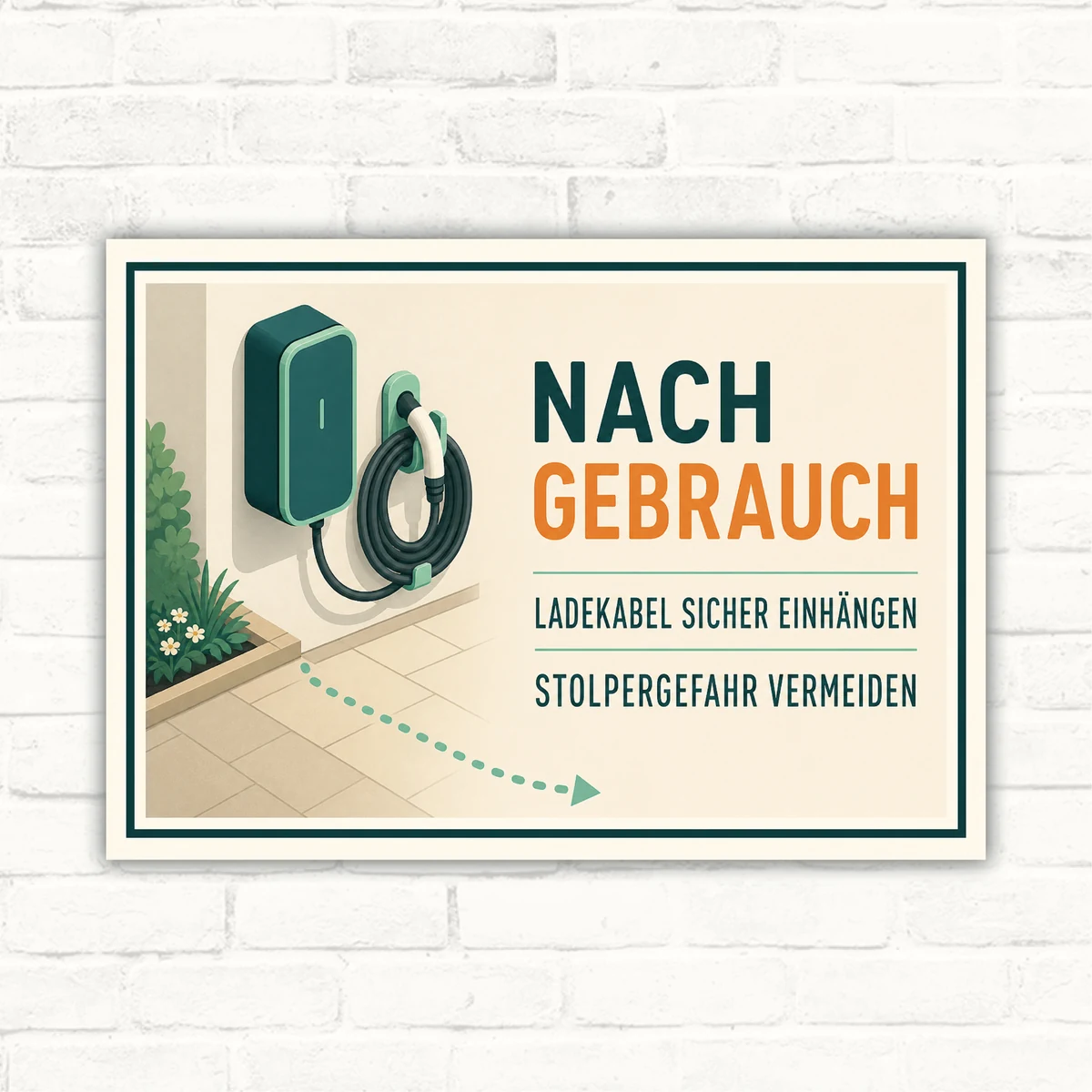Ladekabel Schild mit Wortlaut „Nach Gebrauch – Ladekabel sicher einhängen – Stolpergefahr vermeiden“ im Querformat.